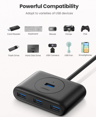 HUB extern Ugreen, "CR113" porturi USB: USB 3.0 x 4, conectare prin USB 3.0, lungime 1 m, negru, "20291" (include TV 0.8lei) - 6957303822911 [1]