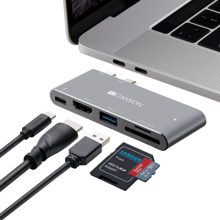 CANYON DS-5 Multiport Docking Station with 5 port, with Thunderbolt 3 Dual type C male port, 1*Thunderbolt 3 female+1*HDMI+1*USB3.0+1*SD+1*TF. Input 100-240V, Output USB-C PD100W&USB-A 5V/1A, Aluminiu [3]