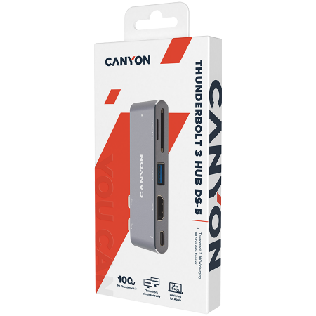 CANYON DS-5, Multiport Docking Station with 7 port, 1*Type C PD100W+2*HDMI+1*USB3.0+1*USB2.0+1*SD+1*TF. Input 100-240V, Output USB-C PD100W&USB-A 5V/1A, Aluminum alloy, Space gray, 104*42*11mm, 0.046k [4]