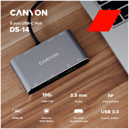 CANYON  8 in 1 USB C hub, with 1*HDMI: 4K*30Hz, 1*VGA, 1*Type-C PD charging port, Max 100W PD input. 3*USB3.0,transfer speed up to 5Gbps. 1*Glgabit Ethernet, 1*3.5mm audio jack, cable 15cm, Aluminum a [2]