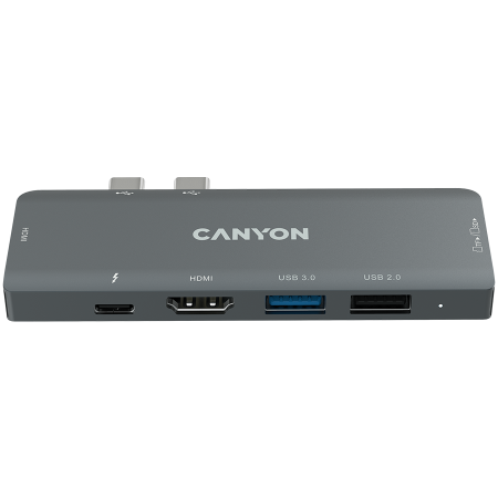 CANYON DS-5, Multiport Docking Station with 7 port, 1*Type C PD100W+2*HDMI+1*USB3.0+1*USB2.0+1*SD+1*TF. Input 100-240V, Output USB-C PD100W&USB-A 5V/1A, Aluminum alloy, Space gray, 104*42*11mm, 0.046k [0]