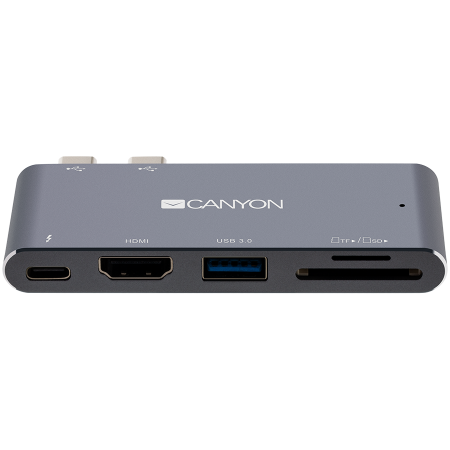 USB Hub - CANYON DS-5 Multiport Docking Station with 5 port, with Thunderbolt 3 Dual type C male port, 1*Thunderbolt 3 female+1*HDMI+1*USB3.0+1*SD+1*TF. Input 100-240V, Output USB-C PD100W&USB-A 5V/1A, Aluminiu
