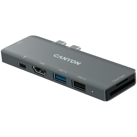 CANYON DS-5, Multiport Docking Station with 7 port, 1*Type C PD100W+2*HDMI+1*USB3.0+1*USB2.0+1*SD+1*TF. Input 100-240V, Output USB-C PD100W&USB-A 5V/1A, Aluminum alloy, Space gray, 104*42*11mm, 0.046k [1]