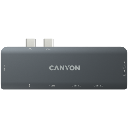 CANYON DS-5, Multiport Docking Station with 7 port, 1*Type C PD100W+2*HDMI+1*USB3.0+1*USB2.0+1*SD+1*TF. Input 100-240V, Output USB-C PD100W&USB-A 5V/1A, Aluminum alloy, Space gray, 104*42*11mm, 0.046k [3]