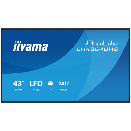 Monitoare\ Televizoare - IIYAMA LFD LH4364UHS-B1AG 43'' UHD VA 3840 x 2160 60Hz 500 cd 4000:1 6.5ms Android 14OS iiSignage2 (CMS/DMS), iiShare, iiControl, Landscape and Portrait, Speakers 2x 10W, 2x HDMI, 1x USB-C, 15W PD, US