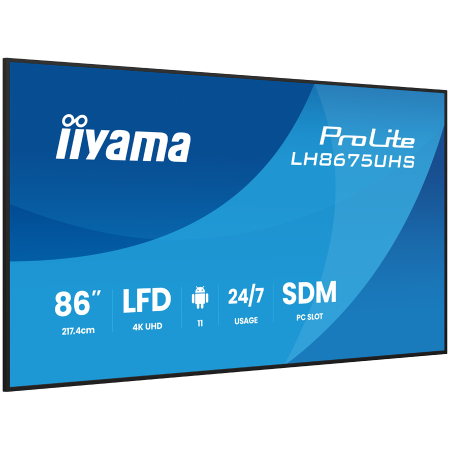 IIYAMA LFD LH8675UHS-B2AG 86" 4K UHD IPS 3840x2160 500cd 1400:1 8ms Android 11 OS, iiSignage2, iiControl, iiShare, EShare, FailOver, Landscape, Portrait [1]