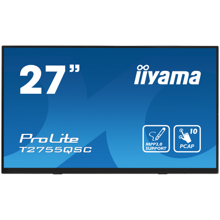 IIYAMA Monitor LED T2755QSC-B1 27” Optical Bonded PCAP 10pt IPS Edge to edge glass 2560 x 1440 @75Hz 400 cd/m² HDMI DP USB Hub Tilt angle 15° up; 70° down [0]