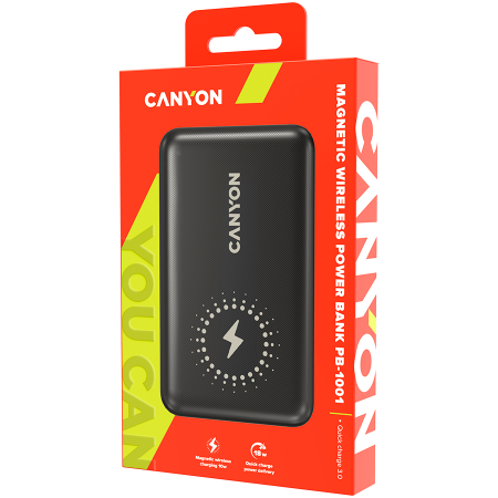 CANYON PB-1001, 18W PD+QC 3.0+10W Magnet wireless charger powerbank 10000mAh Li-poly battery, Lightning Input:DC5V/2A, 9V/2A Type c PD Input: DC5V/3A, 9V/2A, Type C PD output:5V/3A,9V/2.2A,12V/1.5A QC [3]