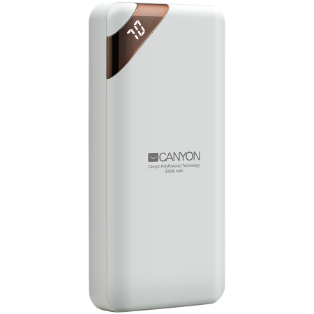 CANYON PB-202, Power bank 20000mAh Li-poly battery, Input 5V/2A, Output 5V/2.1A(Max), with Smart IC and power display, White, USB cable length 0.25m, 137*67*25mm, 0.360Kg [0]