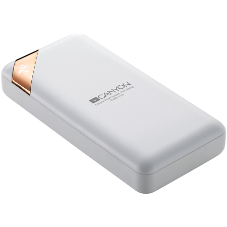 CANYON PB-202, Power bank 20000mAh Li-poly battery, Input 5V/2A, Output 5V/2.1A(Max), with Smart IC and power display, White, USB cable length 0.25m, 137*67*25mm, 0.360Kg [1]