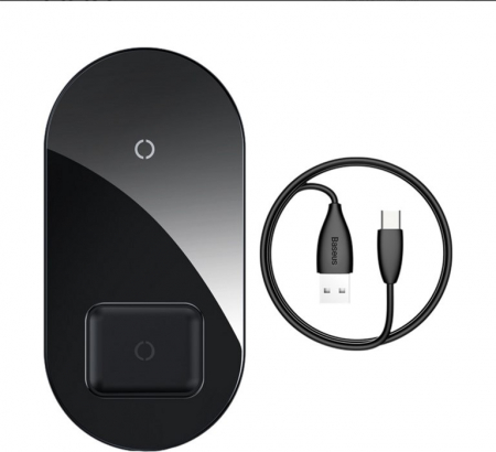 INCARCATOR wireless Baseus Simple 2 in 1 Qi 18W, compatibilitate smartphones si airpods, cablu Type-C la USB inclus, negru \\"WXJK-01\\" [1]