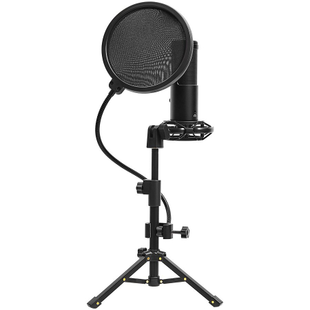 LORGAR Voicer 721, Gaming Microphone, Black, USB condenser microphone with tripod stand and pop filter, including 1 microphone, 1 metal tripod, 1 plastic shock mount, 1 windscreen cap, 2m USB Type C c [1]