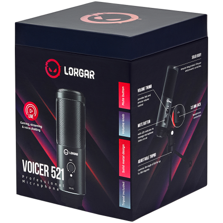 LORGAR Voicer 521, Gaming Microphone, Black, USB condenser mic with Volume Knob, 3.5MM headphonejack, mute button and led indicator, package including 1x F5 Microphone, 1 x 2M type-C USB Cable, 1 xTri [4]