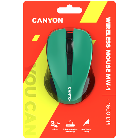 CANYON MW-1 2.4GHz wireless optical mouse with 4 buttons, DPI 800/1200/1600, Green, 103.5*69.5*35mm, 0.06kg [5]