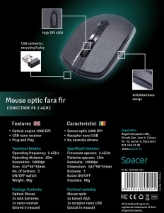 MOUSE SPACER wireless, 1000dpi, 3 butoane, 1 rotita scroll, black "SPMO-161" (include timbru verde 0.1 lei) [6]