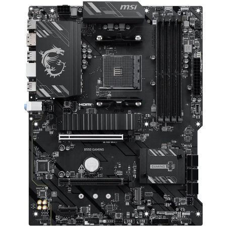 Componente PC - MSI B550 GAMING, ATX, Socket AM4, 4x DDR4 Dual Channel up to 4866+(OC)MHz, 2x PCIe x16 slots, 2x M.2 slots, 2x USB 3.2 Gen 2 (1x Type-C), 2x USB 3.2 Gen 1, 4x USB 2.0, 1x HDMI, 1x DP, 1G LAN, 7.1 HD A