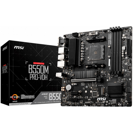 Componente PC - MSI B550M PRO-VDH,m-ATX,Socket AM4,AMD B550 Chipset,4 DIMMs,Dual Channel DDR4 up to 4400+(OC)MHz,1x PCIe 4.0/3.0 x16 slot,2x M.2 slots,4x USB 3.2 Gen 1,2x USB 2.0,1x HDMI,1x DP,1x VGA,1G LAN,7.1 Audio