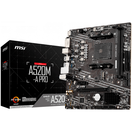 Componente PC - MSI Main Board Desktop A520M (AM4, 2xDDR4, 1xPCI-Ex16, 1xPCI-Ex1, M.2, 4xSATA3, 6xUSB3.2 Gen1, 6xUSB2.0, HD Audio, DVI-D, HDMI, GLAN) mATX Retail