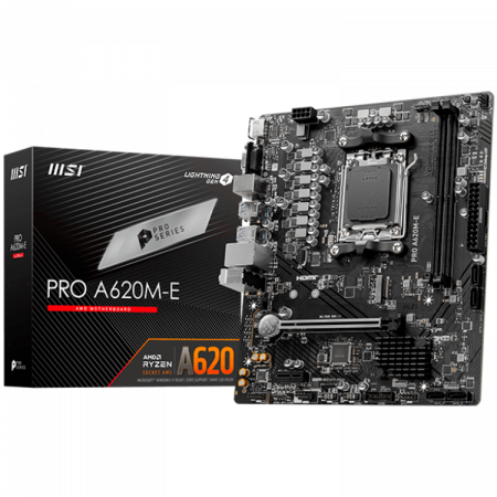 MSI PRO A620M-E, mATX, Socket AM5, Dual Channel DDR5 6800+MHz, 1x PCIe x16 slot, 1x M.2 slot, 1x HDMI, 1x VGA, 2x USB 3.2 Gen 1, 4x USB 2.0, 7.1 HD Audio, Realtek RTL8111H Gigabit LAN, 3Y [0]