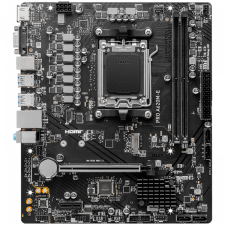 MSI PRO A620M-E, mATX, Socket AM5, Dual Channel DDR5 6800+MHz, 1x PCIe x16 slot, 1x M.2 slot, 1x HDMI, 1x VGA, 2x USB 3.2 Gen 1, 4x USB 2.0, 7.1 HD Audio, Realtek RTL8111H Gigabit LAN, 3Y [1]