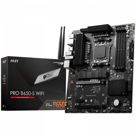 Componente PC - MSI PRO B650-S WIFI,ATX, Socket AM5,AMD B650 Chipset,4 DIMMs,Dual Channel DDR5 up to 7200+(OC)MHz,2x PCI-Ex16 slot, 2x M.2, 2x USB 3.2 Gen 2, 4x USB 3.2 Gen 1,4x USB 2.0,1x HDMI,1x DP,2.5G LAN,7.1 Aud