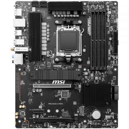 MSI PRO B650-S WIFI,ATX, Socket AM5,AMD B650 Chipset,4 DIMMs,Dual Channel DDR5 up to 7200+(OC)MHz,2x PCI-Ex16 slot, 2x M.2, 2x USB 3.2 Gen 2, 4x USB 3.2 Gen 1,4x USB 2.0,1x HDMI,1x DP,2.5G LAN,7.1 Aud [1]