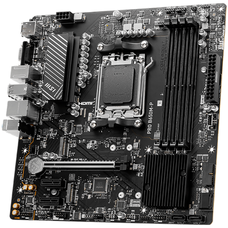 MSI PRO B650M-P,ATX, Socket AM5,AMD B650, 4xDDR5, Dual Channel DDR5 up to 7200+(OC)MHz,1x PCIe 4.0/3.0 x16 slot,2x M.2 slots,2x USB 3.2 Gen 2 (1x Type-C),2x USB 3.2 Gen 1,4x USB 2.0,1x HDMI,1x DP,2.5G [1]