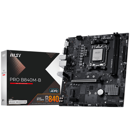 Componente PC - MSI PRO B840M-B, mATX, Socket AM5, 2x DDR5 Dual Channel DDR5 up to 8000(OC)MHz, 1x PCIe x16 slot, 2x M.2 slot, 2x USB 2.0, 4x USB 5Gbps, HDMI, VGA, 7.1 HD Audio, 2.5G LAN, 3Y