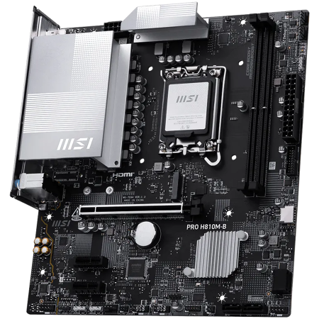 MSI PRO H810M-B, mATX, LGA 1851, 2x DDR5 Dual Channel DDR5 up to 6400(OC)MHz, 1x PCIe x16 slot, 1x M.2 slot, 4x USB 2.0, 2x USB 5Gbps, HDMI, DP, 7.1 HD Audio, 2.5G LAN, 3Y [2]