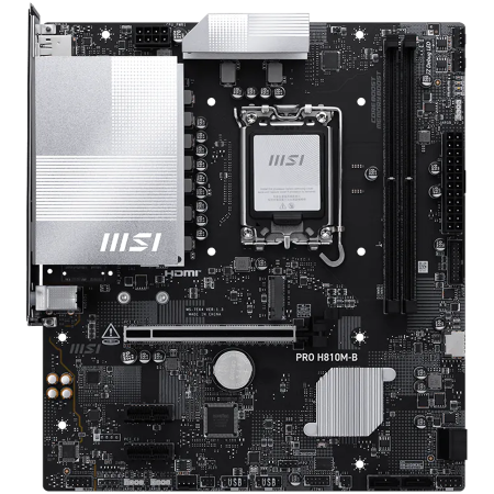 Componente PC - MSI PRO H810M-B, mATX, LGA 1851, 2x DDR5 Dual Channel DDR5 up to 6400(OC)MHz, 1x PCIe x16 slot, 1x M.2 slot, 4x USB 2.0, 2x USB 5Gbps, HDMI, DP, 7.1 HD Audio, 2.5G LAN, 3Y
