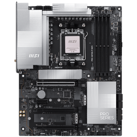 MSI PRO X870E-P WIFI, ATX, Socket AM5, 4x DDR5 Dual Channel DDR5 up to 8200(OC)MHz, 3x PCIe x16 slot, 3x M.2 slot, 4x USB 2.0, 2x USB 5Gbps, 2x USB 10Gbps, 1x 20Gbps Type-C, 1x 40Gbps Type-C, HDMI, 7. [1]