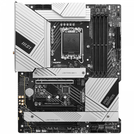 MSI PRO Z790-A MAX WIFI, ATX, Socket 1700, Dual Channel 4xDDR5 7800+(OC)MHz, 3x PCIe x16 slot, 4x M.2 slot, 1x HDMI, 2x USB 3.2 Gen 1, 4x USB 2.0, 1x USB 3.2 Gen 2, 7.1 HD Audio, 2.5Gbps LAN, 3Y [1]