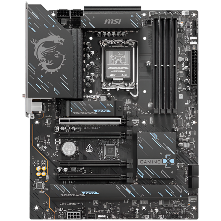 MSI Z890 GAMING WIFI, LGA 1851, Dual Channel DDR5 up to 8800(OC)MHz, 4x PCIe x16 slots, 3x M.2 slots, 6x USB 5Gbps A, 1x USB 20Gbps Type-C, 1x HDMI, 1x Type-C DP, 1x DP, 2.5Gbps LAN, Wi-Fi 7, 7.1 Audi [1]