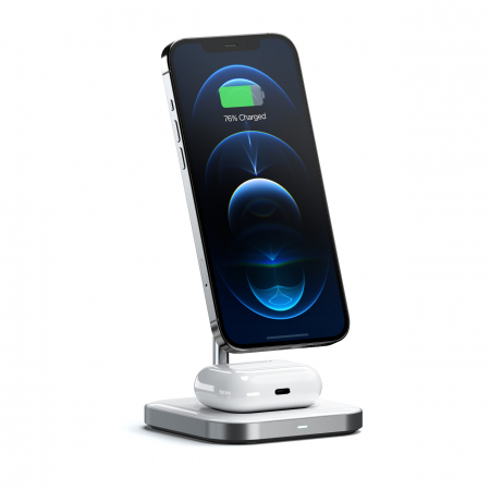 Satechi Aluminium 2-in-1 Magnetic Wireless Charging stand (iPhone 12/13, AirPods Pro, USB-C cable included) - White [1]