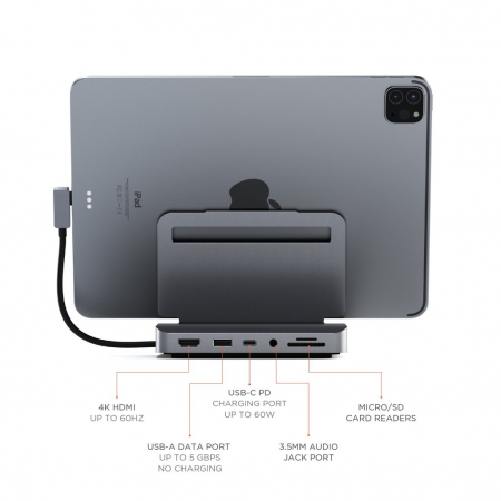 Satechi Aluminium Stand & Hub for iPad Pro (USB-C PD up to 60W,4K HDMI(60Hz),USB-A,SDcard, audio 3.5mm ) - Space Grey [11]