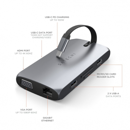 Satechi USB-C On the go Multiport adapter (1xUSB-C PD charging, 1x G.Ethernet,1x 4K HDMI,1x VGA,1x USB-A,1x USB-C, micro/SD) - Space Grey [2]