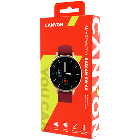 CANYON Badian SW-68, Smartwatch, Realtek 8762CK, 1.28''TFT 240x240px; RAM : 160KB, Lithium-ion polymer battery, 3.7V 190mAh Include, Golden Zinc alloy middle frame + plastic bottom case+ red Silicone  [3]
