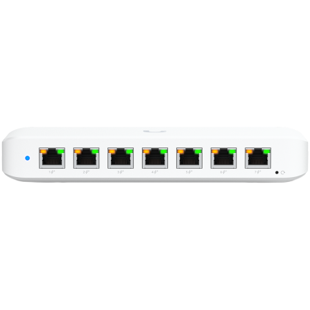 Switch - Ubiquiti USW-Ultra-210W-EU compact, Layer 2, 8-port GbE PoE switch with versatile mounting options, 7x GbE PoE+ output ports, GbE port with optional PoE++ input, 202W PoE availability with the include