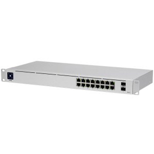 Switch - Ubiquiti USW-16-PoE 16-port Layer 2 PoE switch, 8 x GbE PoE+, 8 x GbE ports, 2 x 1G SFP ports, 42W total PoE Power, fanless, silent cooling, ESD/EMP protection, 1.3" touchscreen LCM display, Rackmount