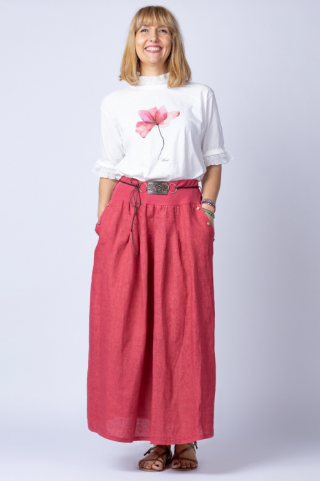 Fusta lunga casual, roz inchis, din in, cu o curea fancy