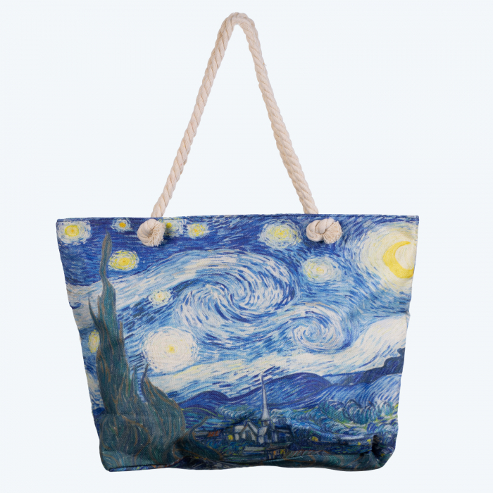 Geanta de plaja din material textil, cu imprimeu inspirat din pictura noapte instelata a lui vincent van gogh