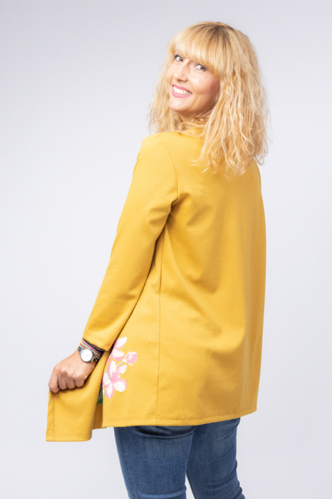 Blazer casual din tricot cu imprimeu floare pe o parte, mustar shopika imagine noua 2022