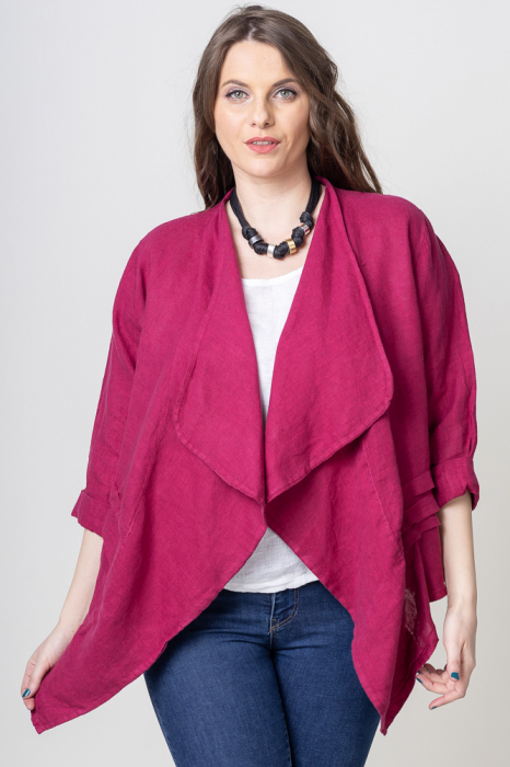 Blazer din in casual cu revere, in colturi, mov zmeura