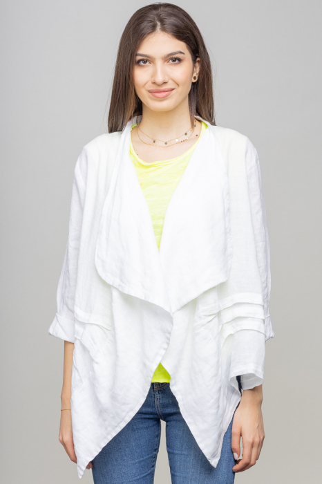 Blazer din in casual cu revere, in colturi, alb
