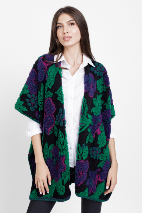 Blazer poncho cu detali colorate verzi, cu lana naturala