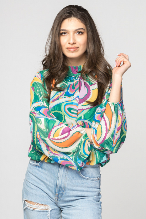 Bluza din voal cu imprimeu abstract predominant verde