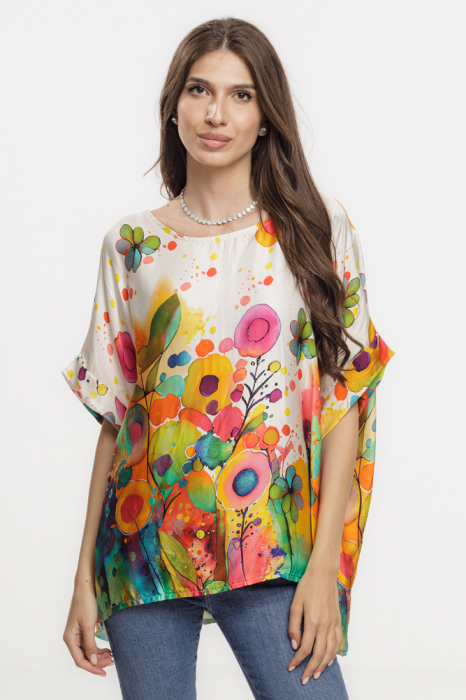 Bluza bej maneca scurta din matase si vascoza, imprimeu cu flori multicolore