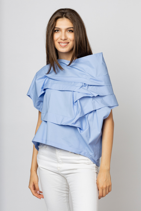 Bluza bleu asimetrica, extravaganta, din bumbac satinat asimetrica imagine noua 2022