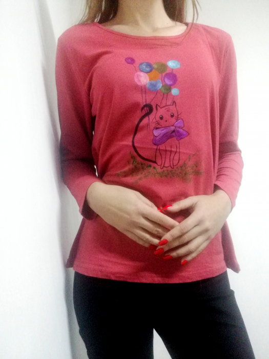Bluza caramizie pictata manual,cu pisicuta si baloane colorate