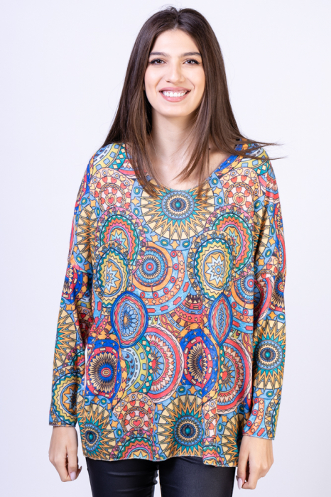 Bluza catifelata cu imprimeu mandale multicolore shopika imagine noua 2022